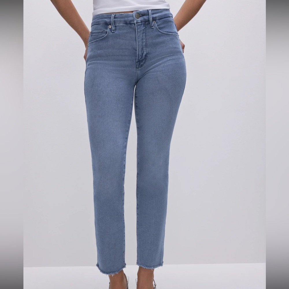 Good American Denim Good High Rise Straight Raw Edge Hem Jeans In Blue